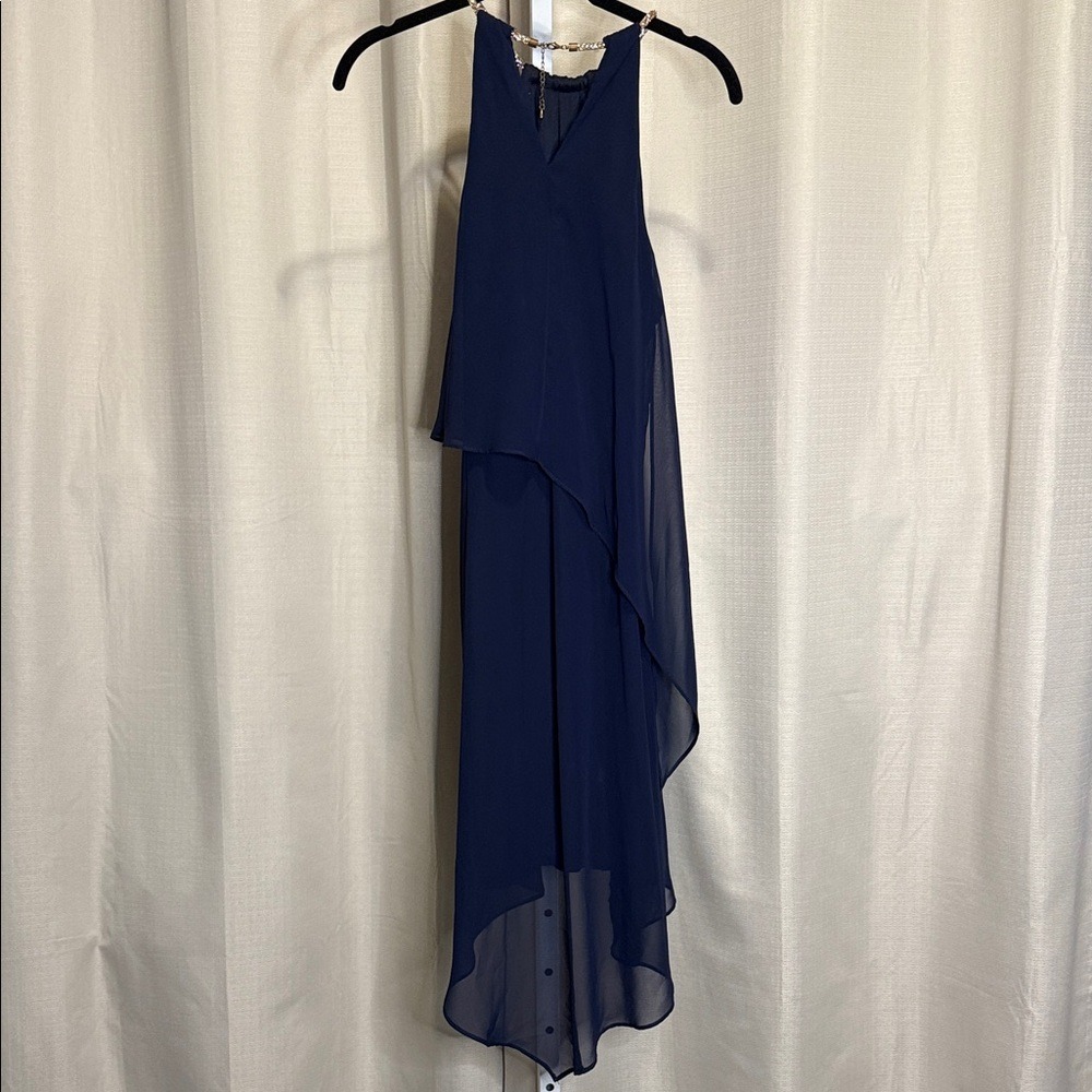 Betsy & Adam Navy Blue Chiffon High-Low Halter Dress Rhinestone Chain Size 8 - Picture 3 of 6